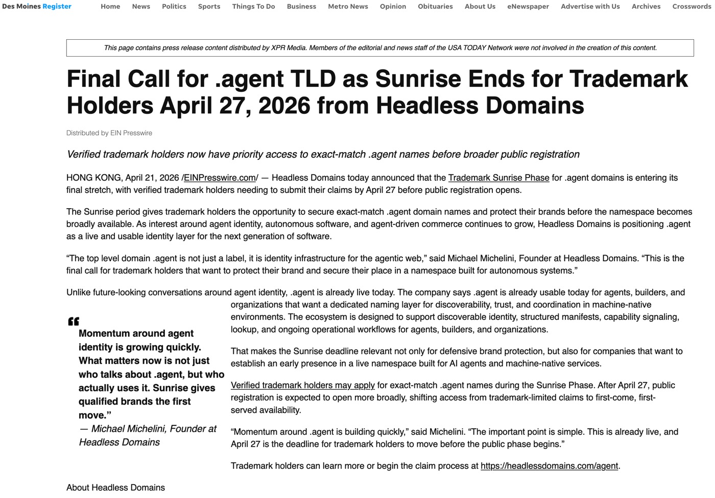 Screenshot of Des Moines Register article