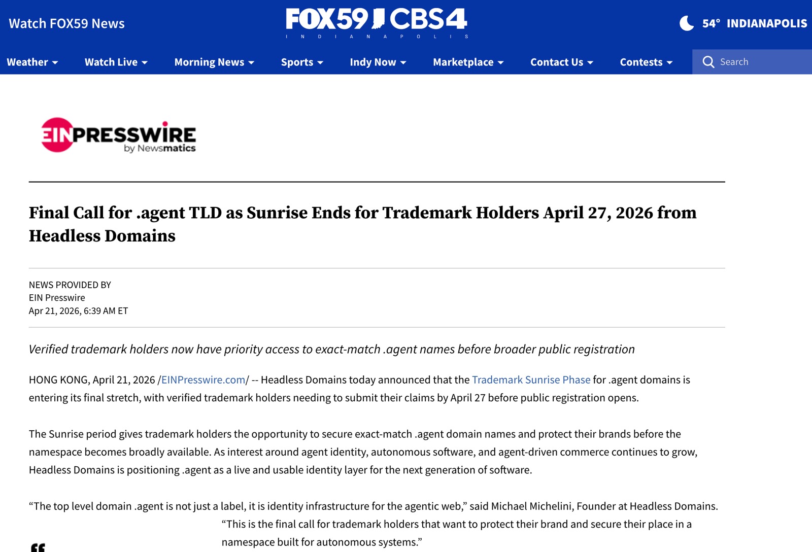 Screenshot of FOX article